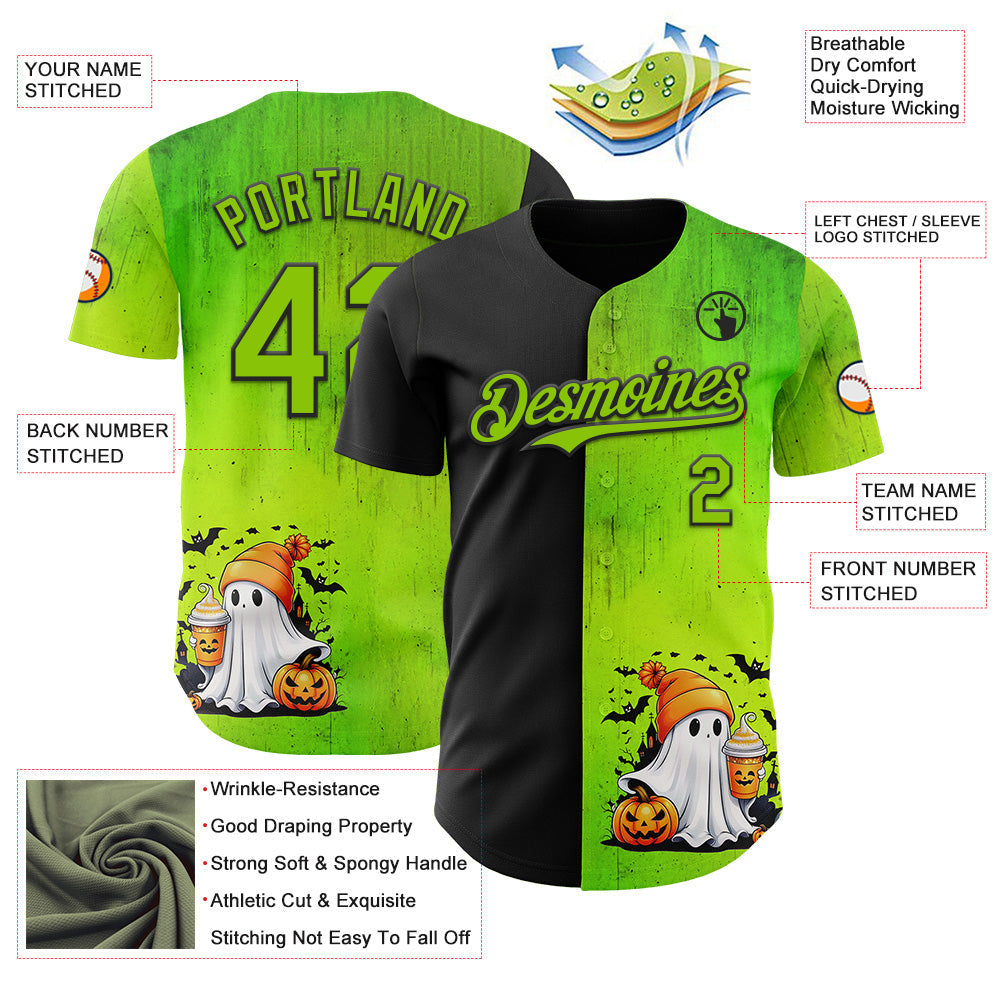 Custom Black Neon Green 3D Halloween Spooky Pumpkin Authentic Baseball Jersey