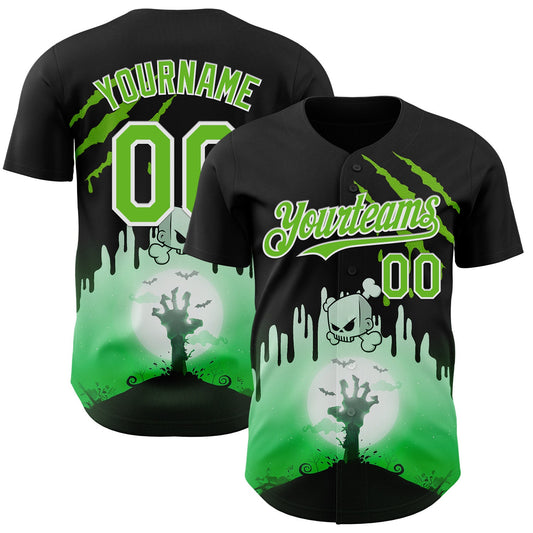 Custom Black Aurora Green-White 3D Halloween Spooky Zombies Scratch Authentic Baseball Jersey