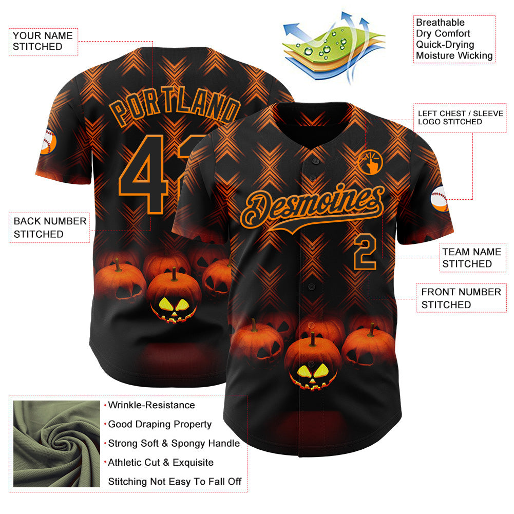 Custom Black Bay Orange 3D Halloween Spooky Pumpkin Stripe Authentic Baseball Jersey