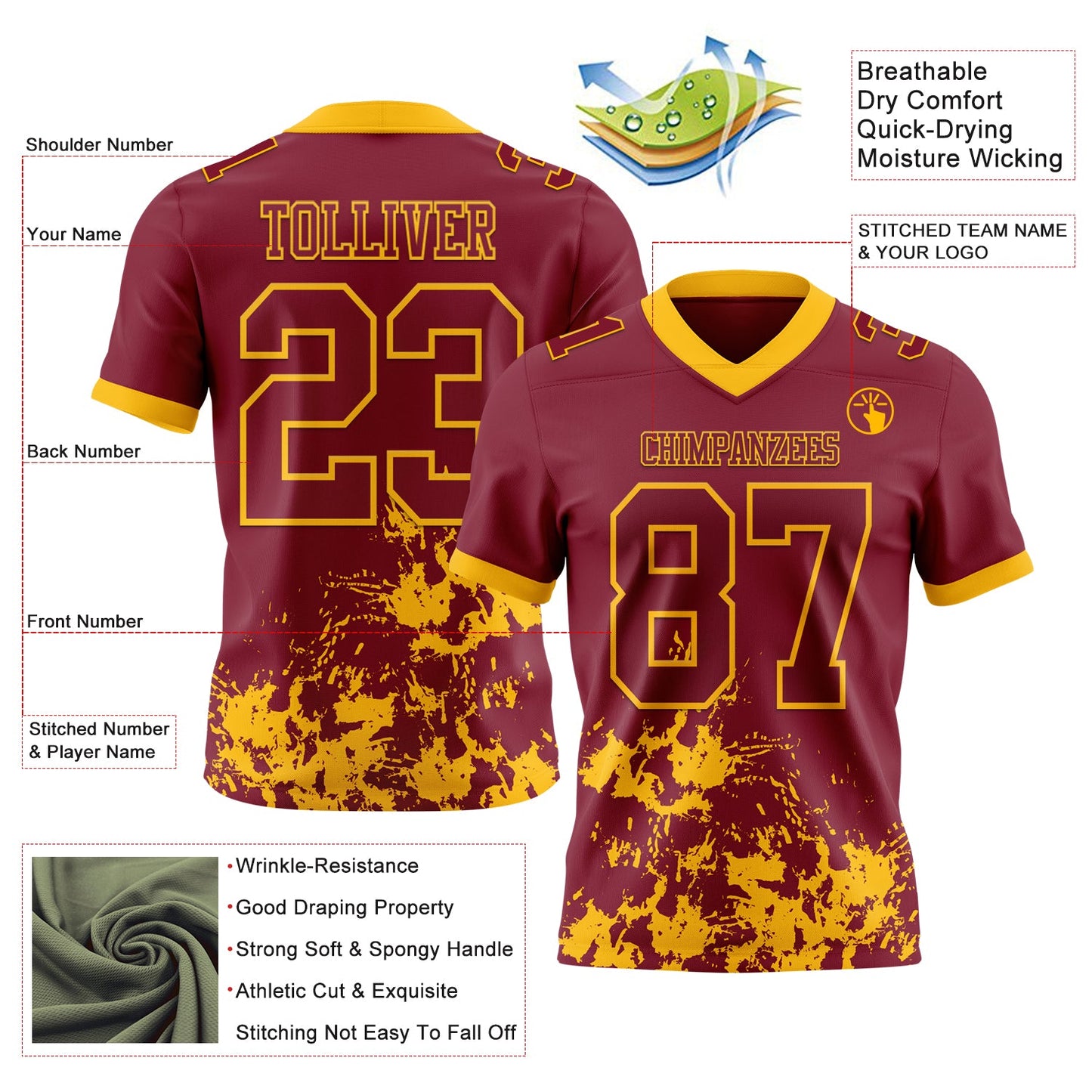 Custom Crimson Gold 3D Pattern Splash Authentic Football Jersey
