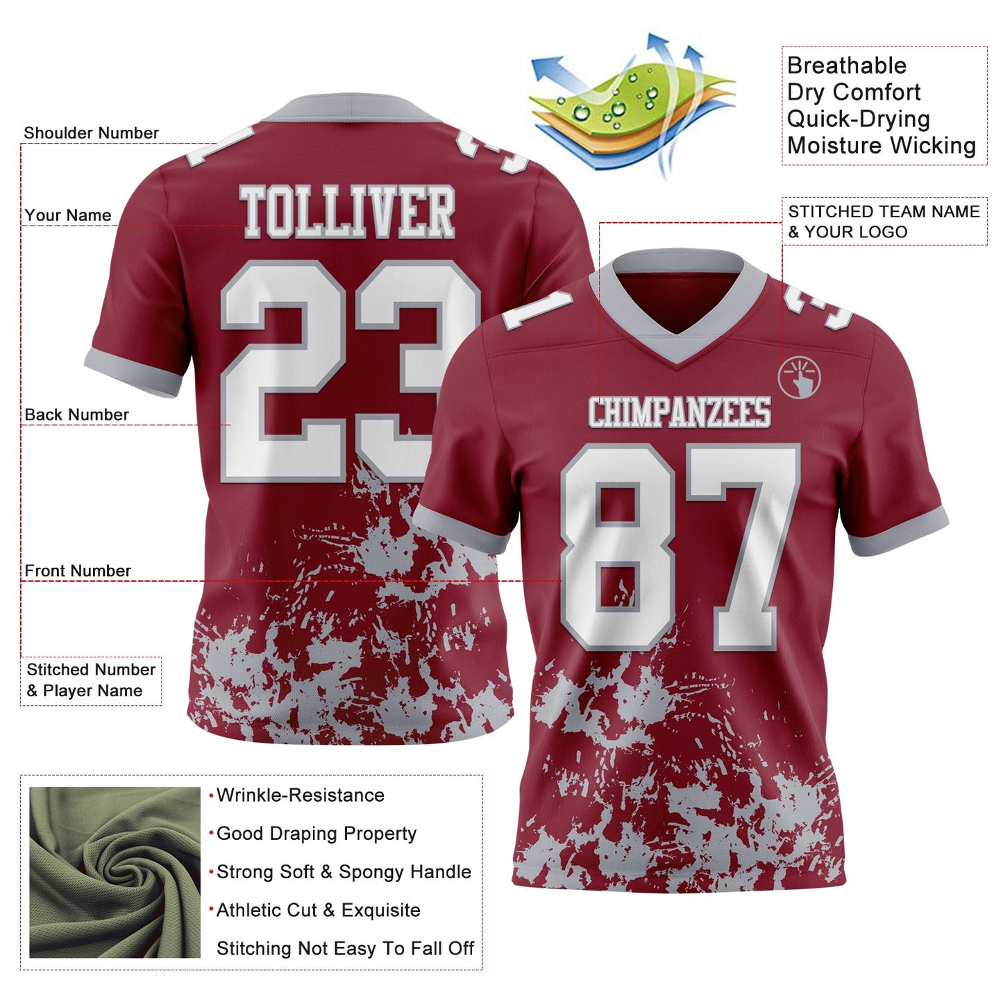 Custom Crimson White-Gray 3D Pattern Splash Authentic Football Jersey