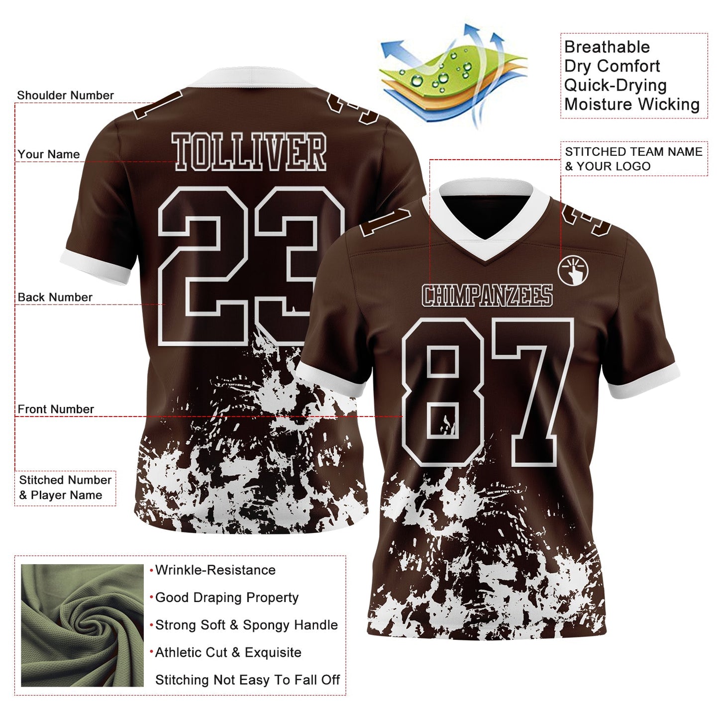 Custom Brown White 3D Pattern Splash Authentic Football Jersey