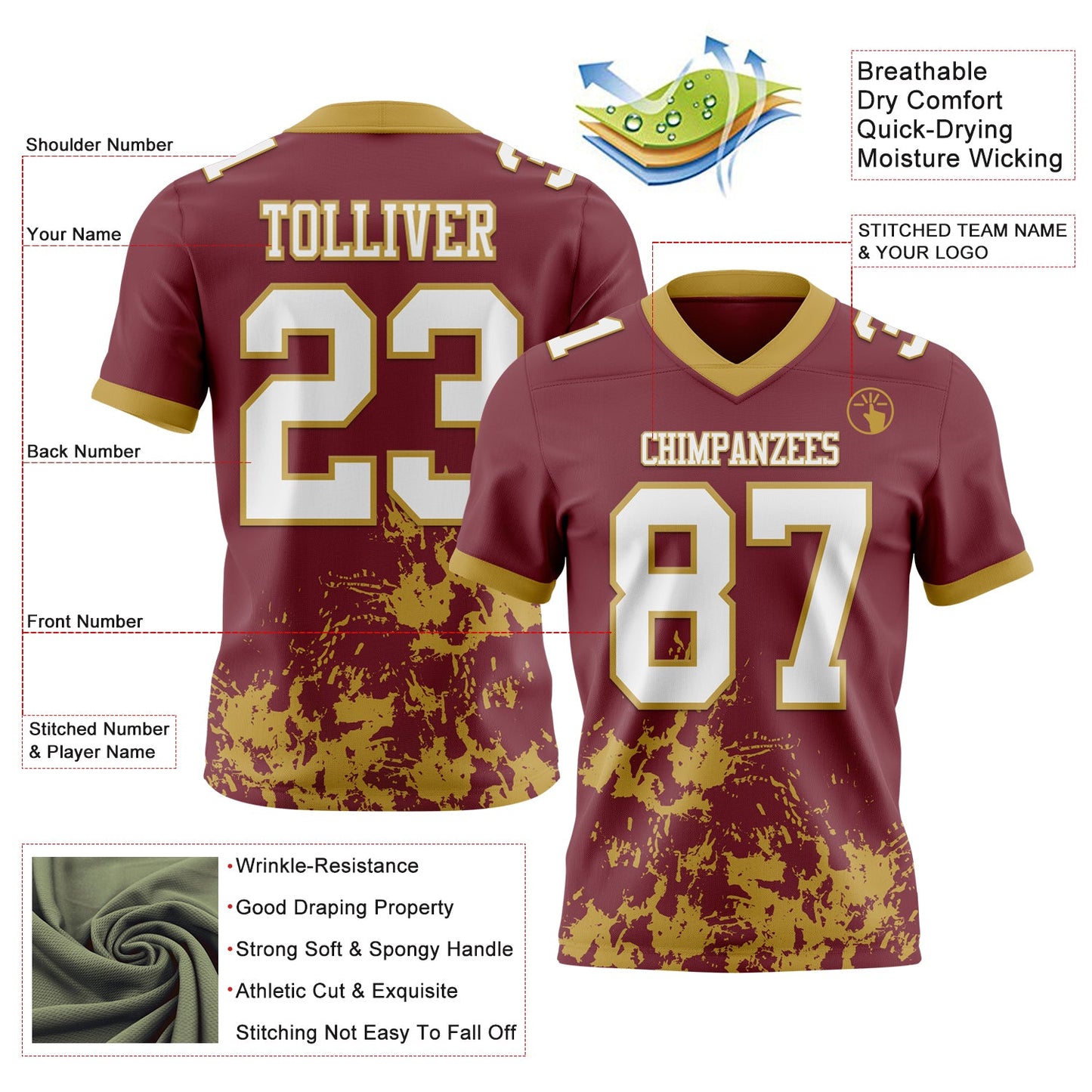 Custom Burgundy White-Old Gold 3D Pattern Splash Authentic Football Jersey