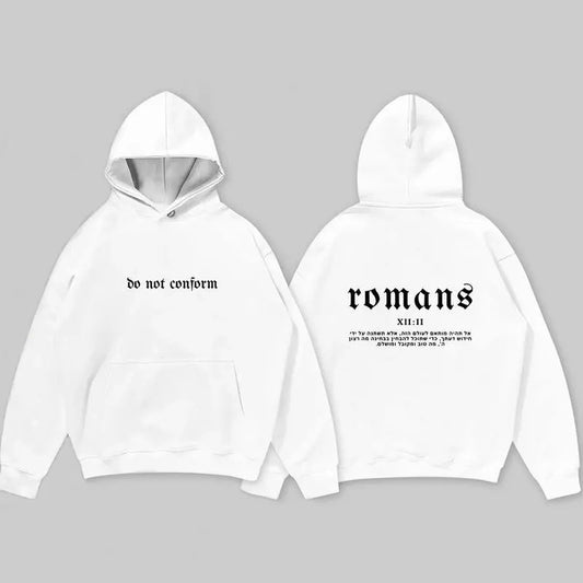 Romans 12:2 Hebrew Christian Hoodie - White Cotton T-Shirt & Hoodie - Suitable for Men - Ideal for Christian Streetwear - 3/4 Length Graphic Crew Neck All Seasons Athletic Casual Menswear