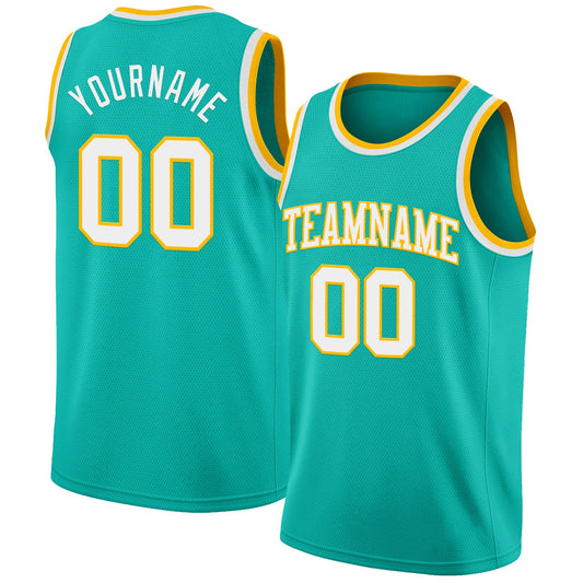 Custom Aqua White-Gold Authentic Basketball Jersey