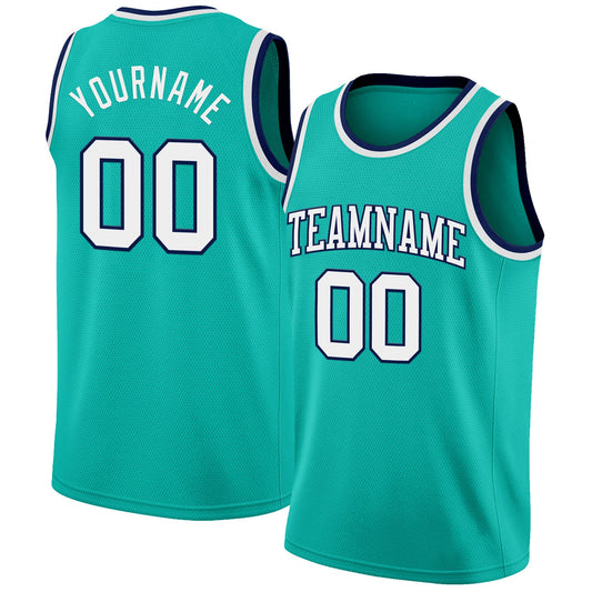 Custom Aqua White-Navy Authentic Basketball Jersey