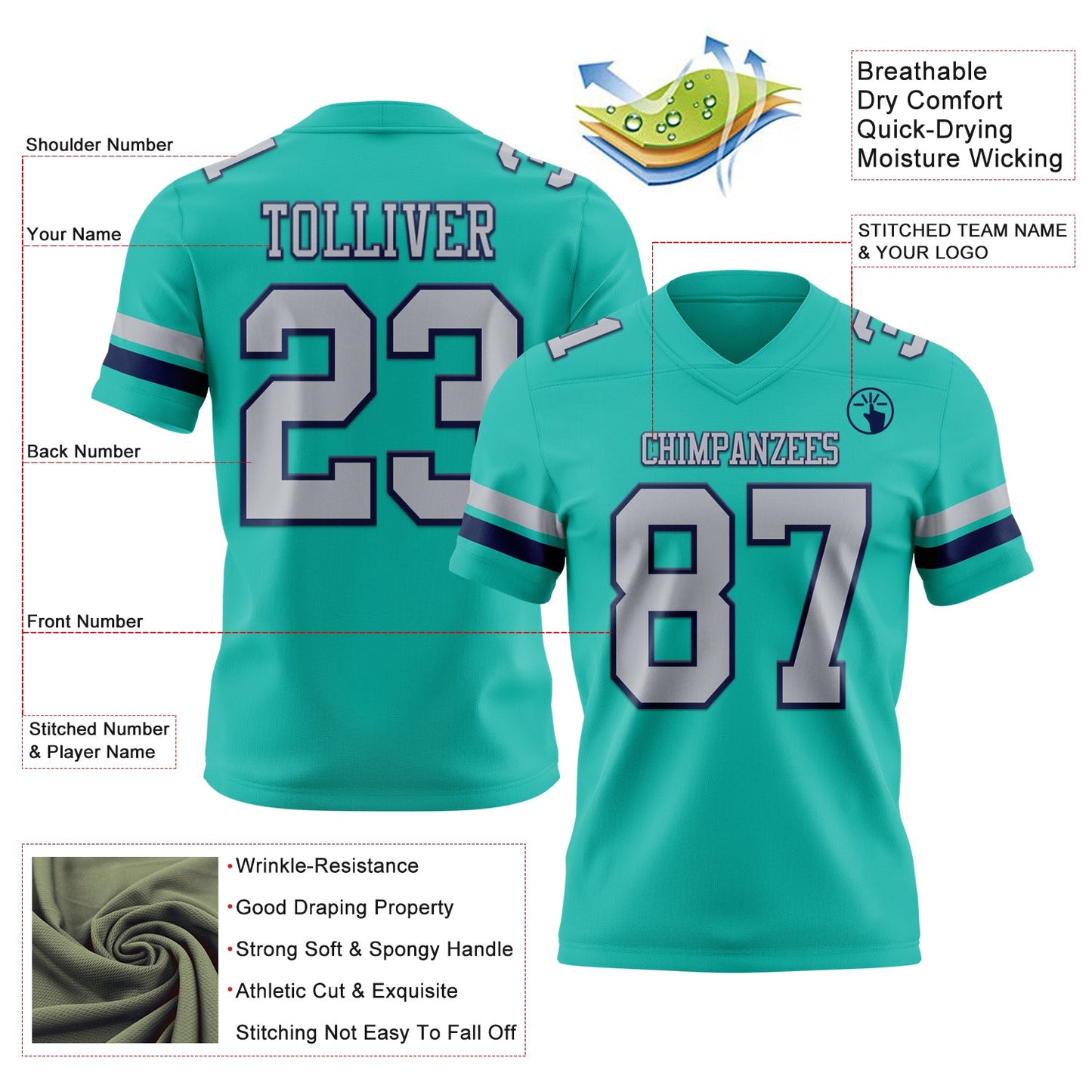 Custom Aqua Gray-Navy Authentic Football Jersey