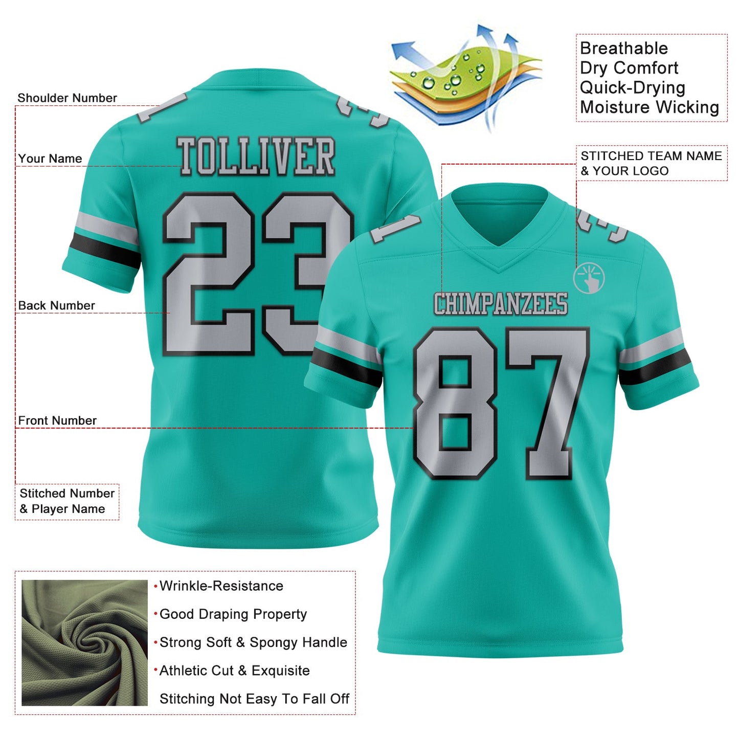 Custom Aqua Gray-Black Authentic Football Jersey