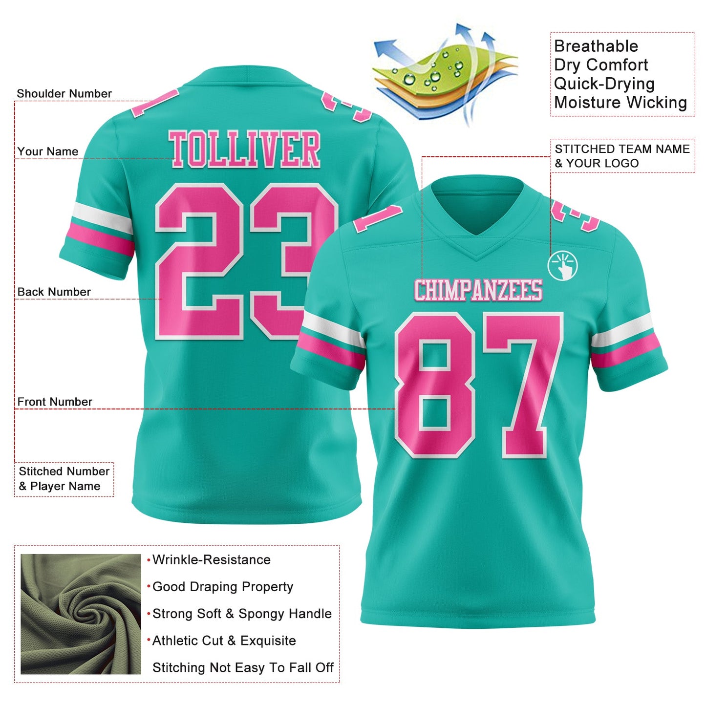 Custom Aqua Pink-White Authentic Football Jersey