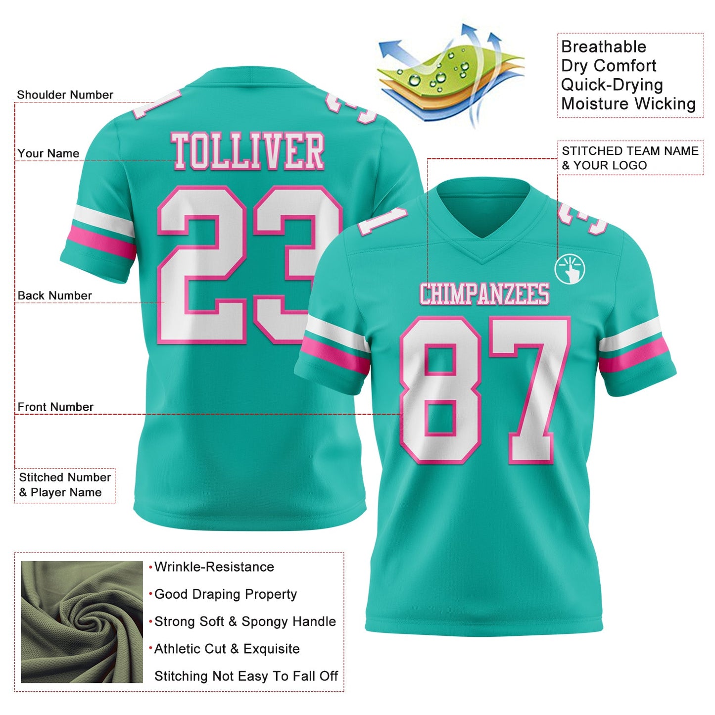 Custom Aqua White-Pink Authentic Football Jersey