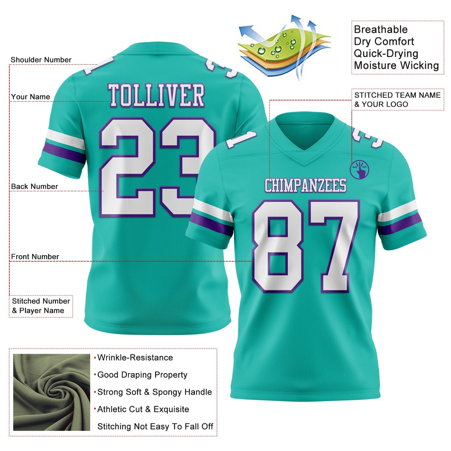 Custom Aqua White-Purple Authentic Football Jersey