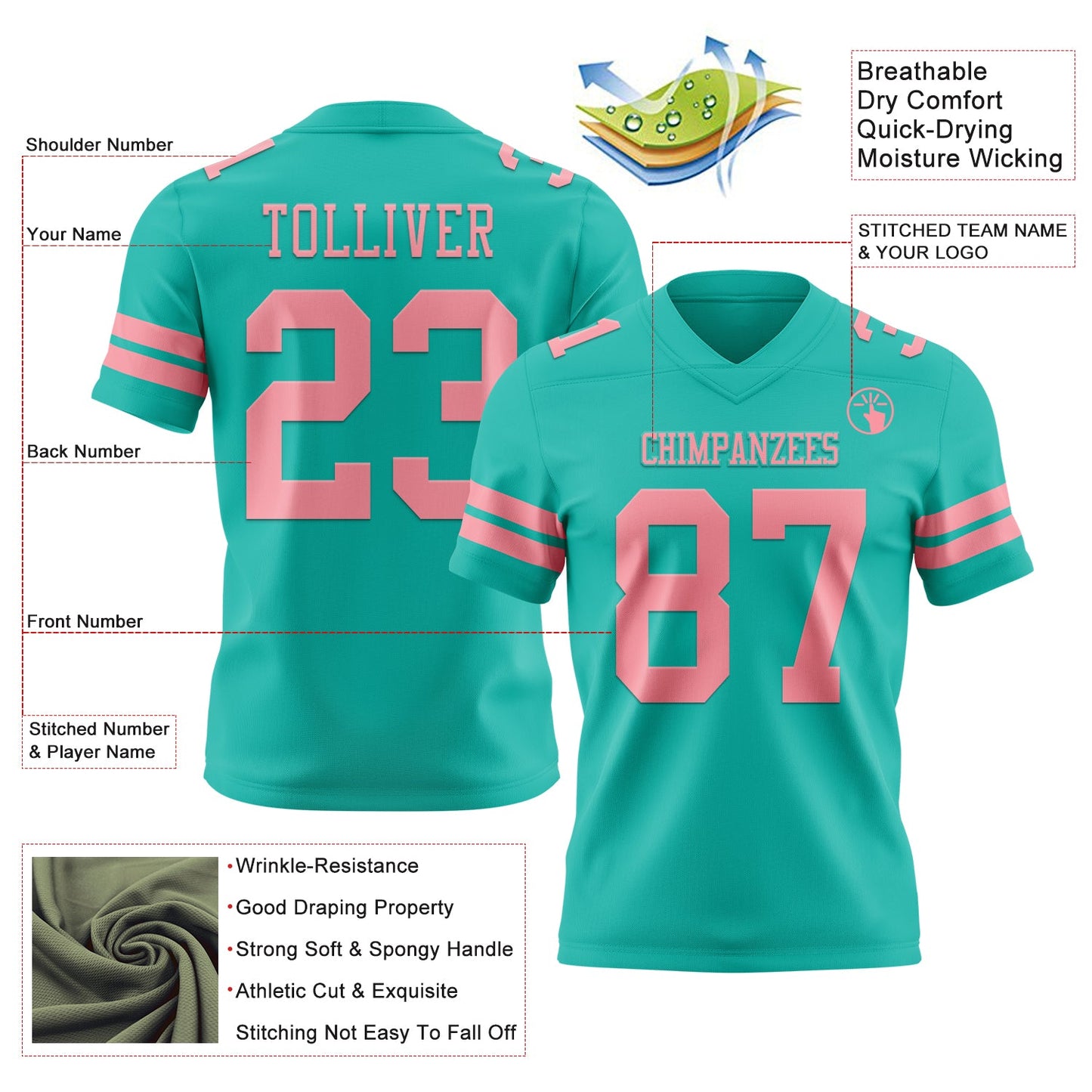 Custom Aqua Medium Pink Authentic Football Jersey