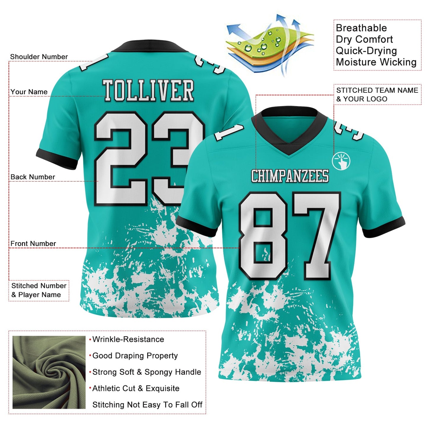 Custom Aqua White-Black 3D Pattern Splash Authentic Football Jersey