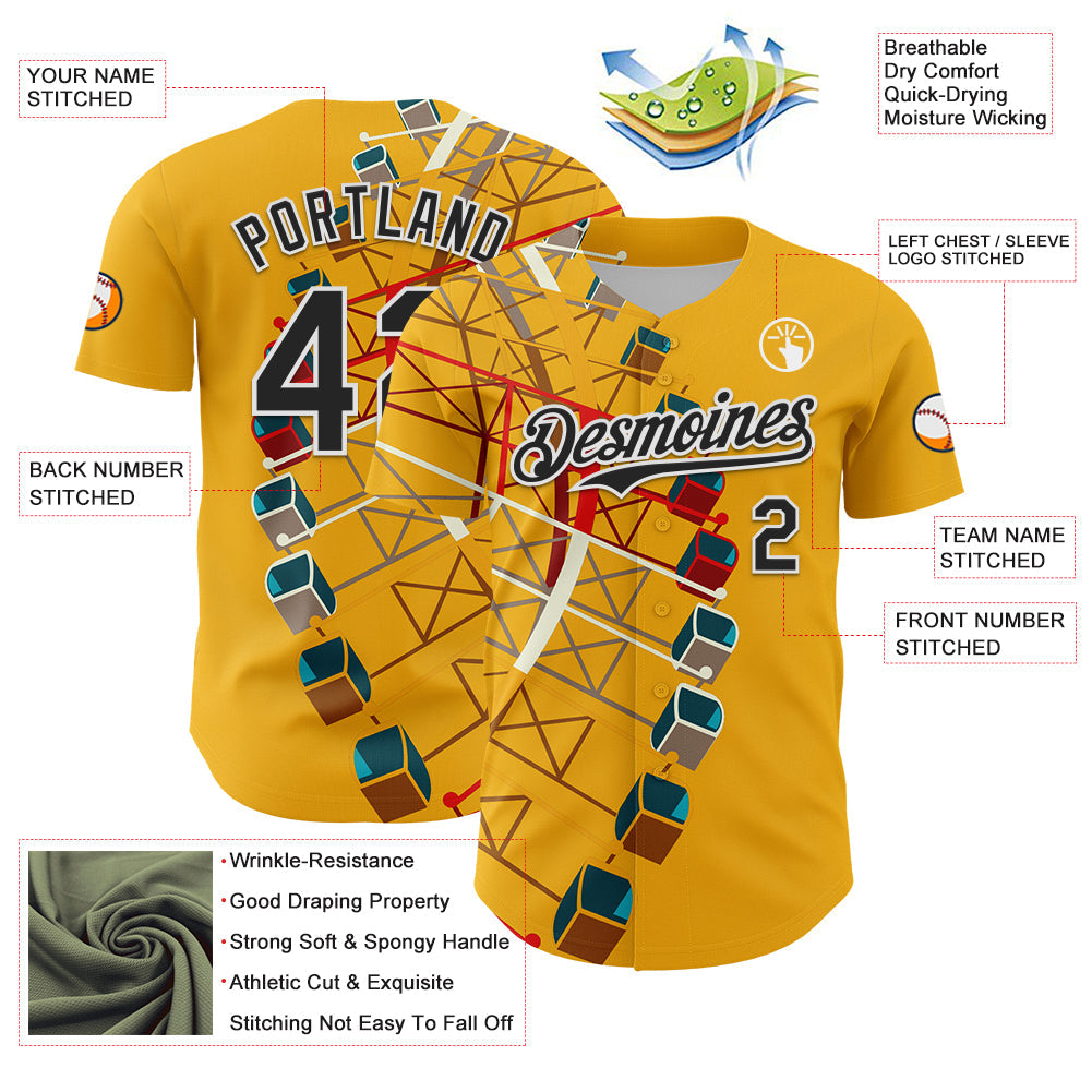 Custom Gold Black-White 3D Nikita Fraser Ferris Wheel Authentic Baseball Jersey