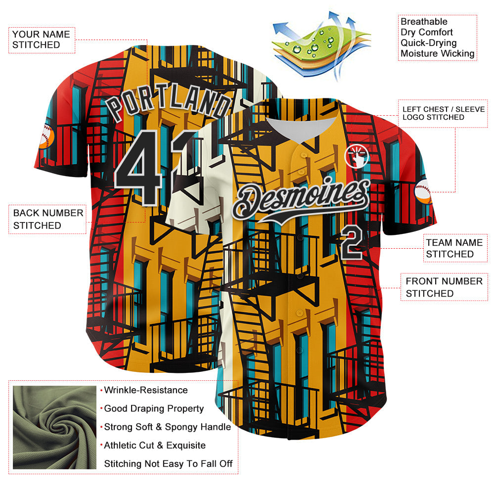 Custom Gold Black Red-White 3D Nikita Fraser Staircase Ny Authentic Baseball Jersey