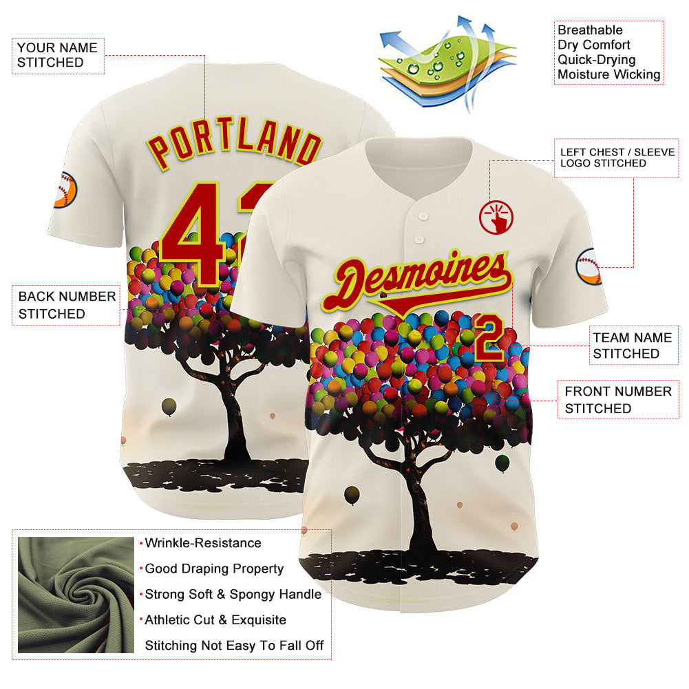 Custom Cream Red-Neon Yellow 3D Marcel Caram Balloon Tree Authentic Baseball Jersey