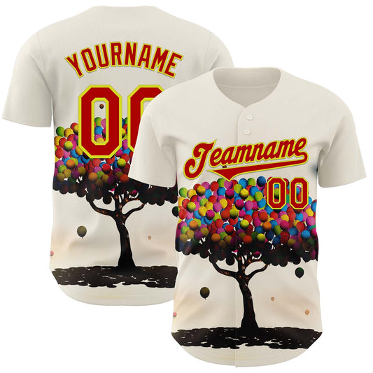 Custom Cream Red-Neon Yellow 3D Marcel Caram Balloon Tree Authentic Baseball Jersey