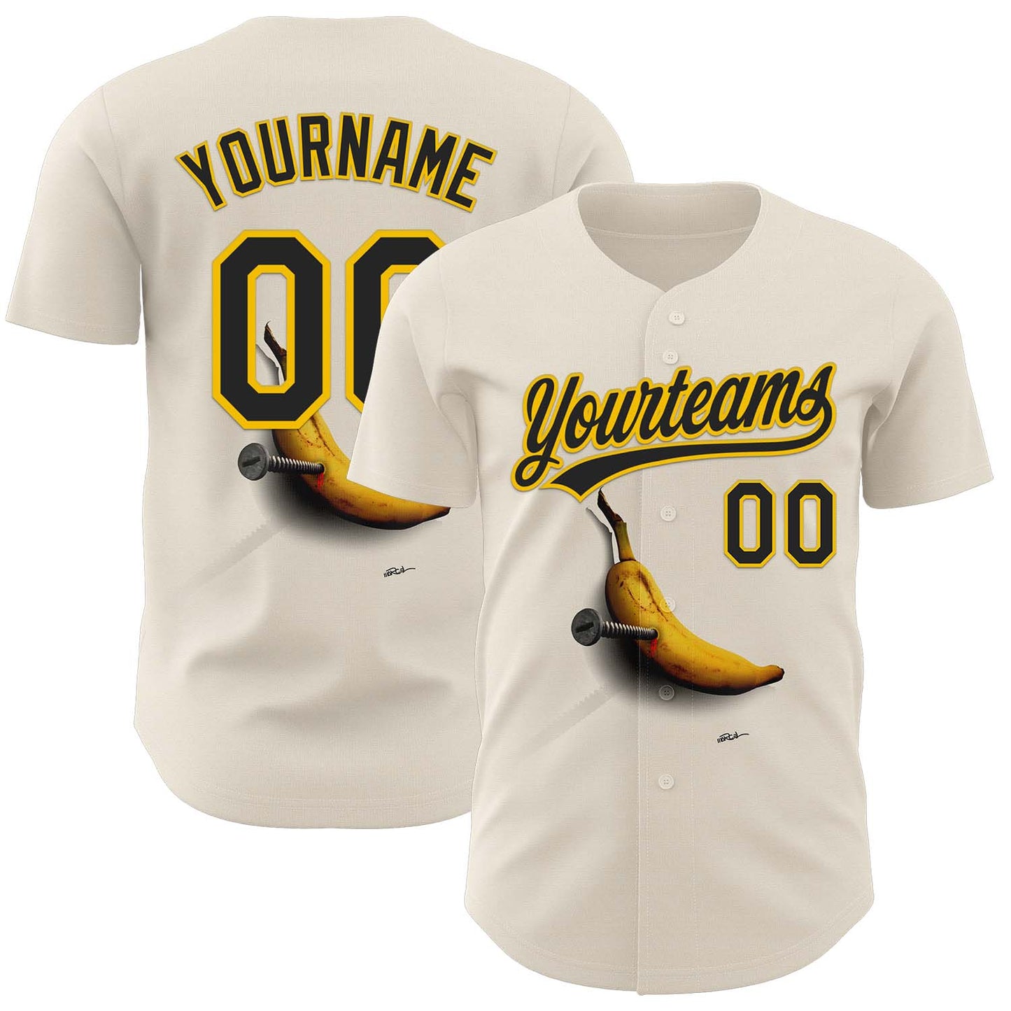 Custom Cream Black-Yellow 3D Marcel Caram Bananas Reinterpretation Authentic Baseball Jersey