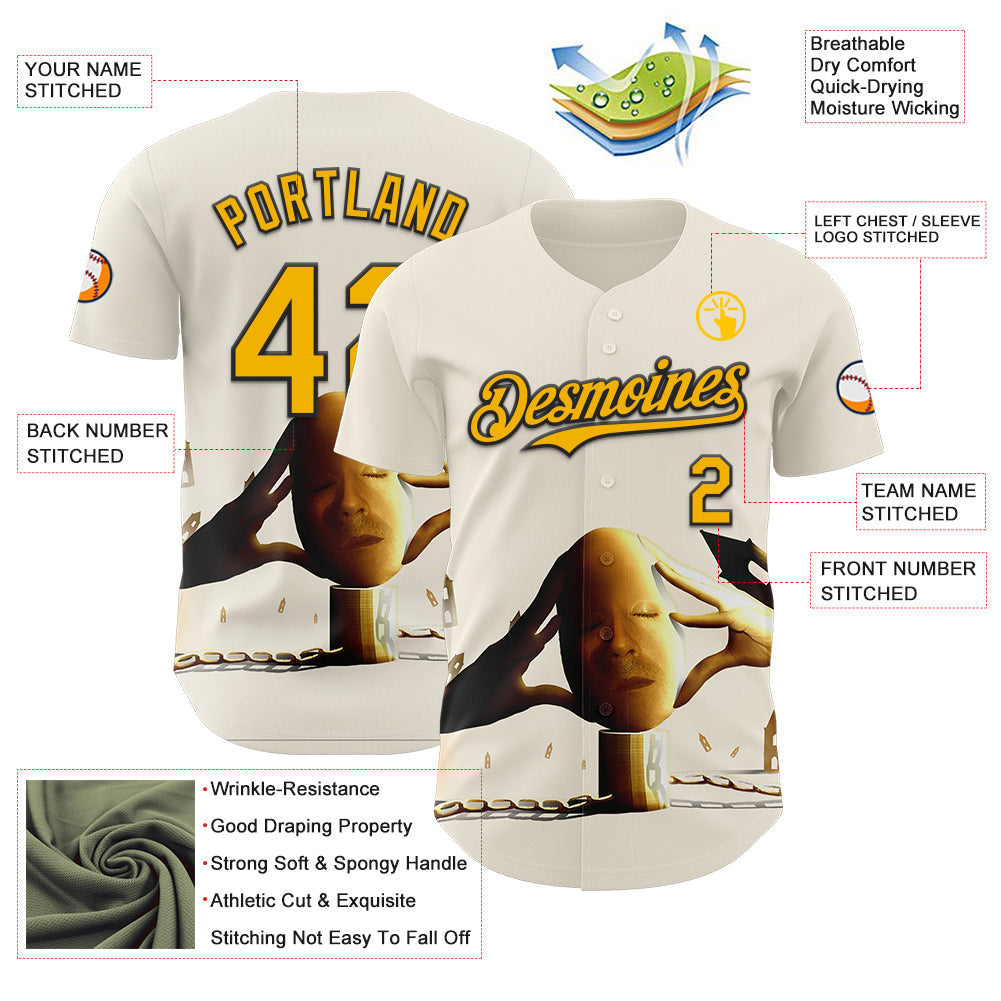 Custom Cream Gold-Black 3D Marcel Caram Thinking Head Authentic Baseball Jersey