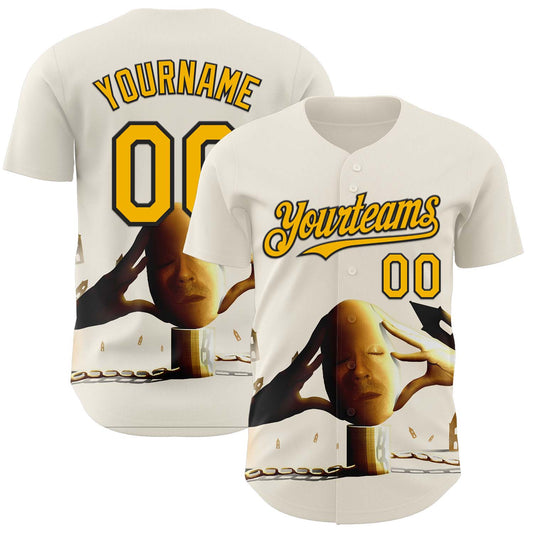 Custom Cream Gold-Black 3D Marcel Caram Thinking Head Authentic Baseball Jersey