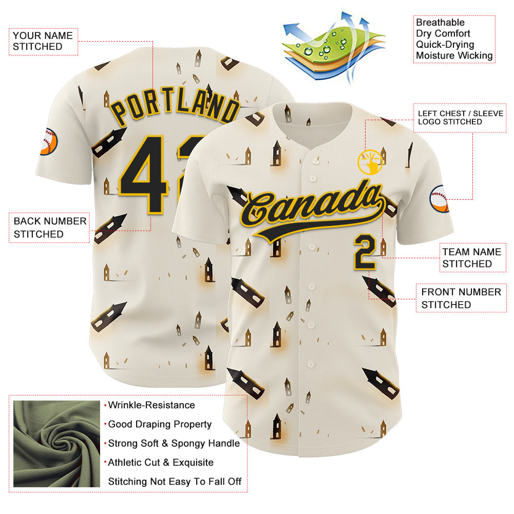Custom Cream Black-Yellow 3D Marcel Caram Thinking Head Authentic Baseball Jersey