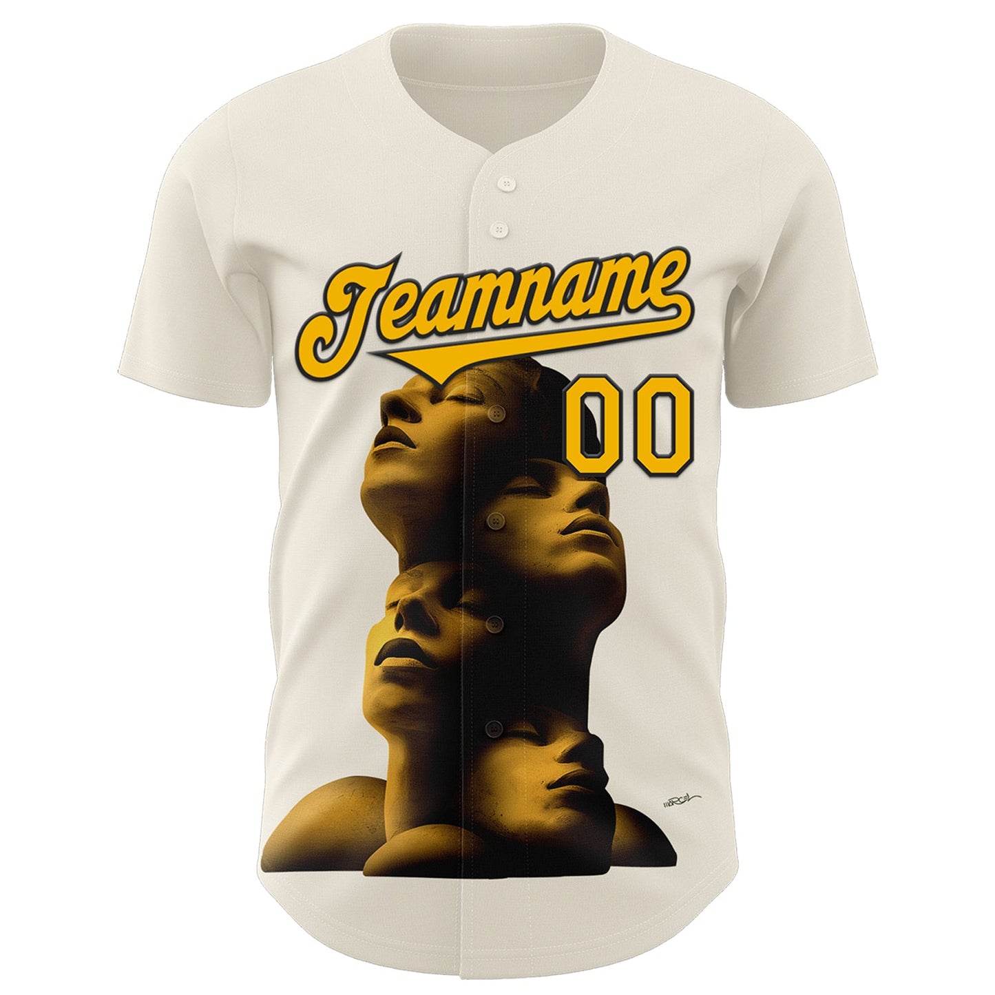 Custom Cream Gold-Black 3D Marcel Caram Composition With Head Authentic Baseball Jersey
