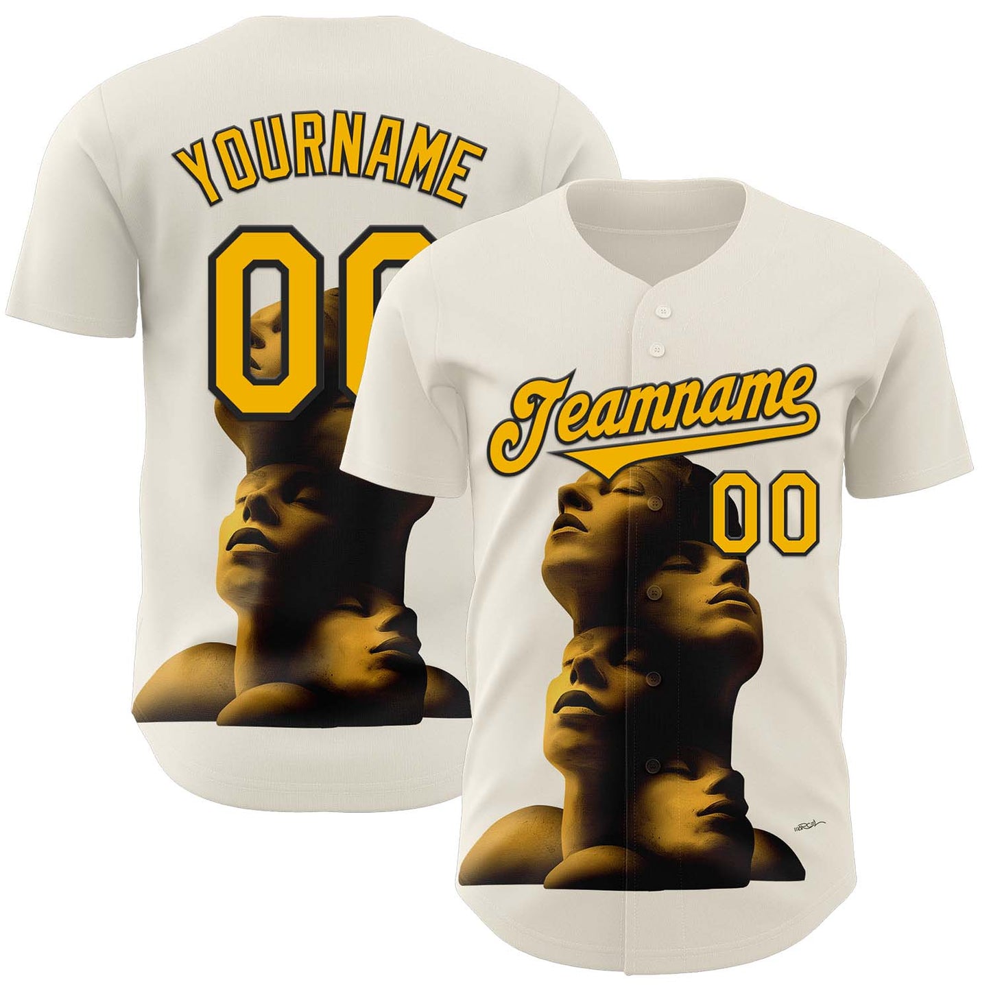 Custom Cream Gold-Black 3D Marcel Caram Composition With Head Authentic Baseball Jersey