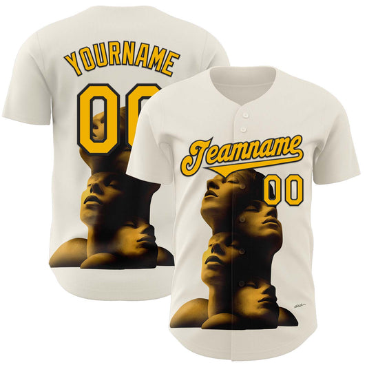 Custom Cream Gold-Black 3D Marcel Caram Composition With Head Authentic Baseball Jersey