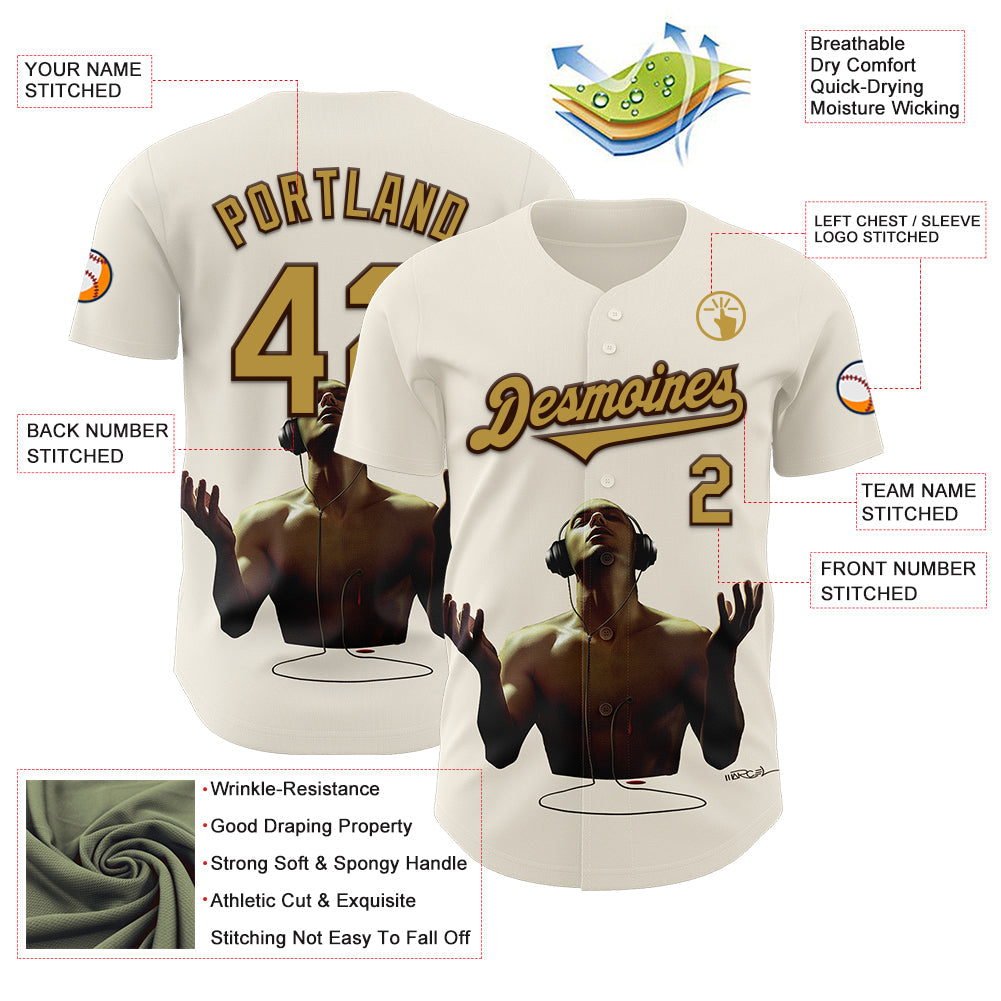 Custom Cream Old Gold-Brown 3D Marcel Caram Echoes Of The Heart Authentic Baseball Jersey