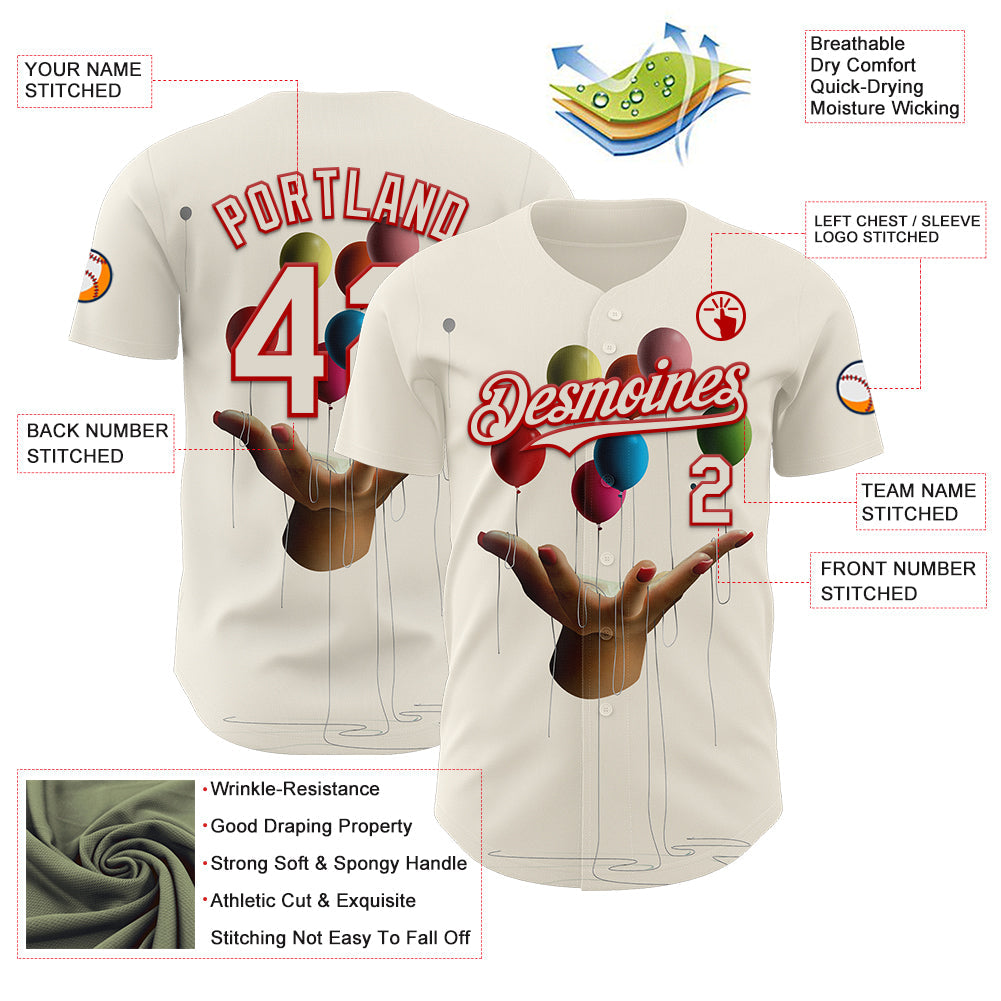 Custom Cream Red 3D Marcel Caram Allegory With Hand Authentic Baseball Jersey