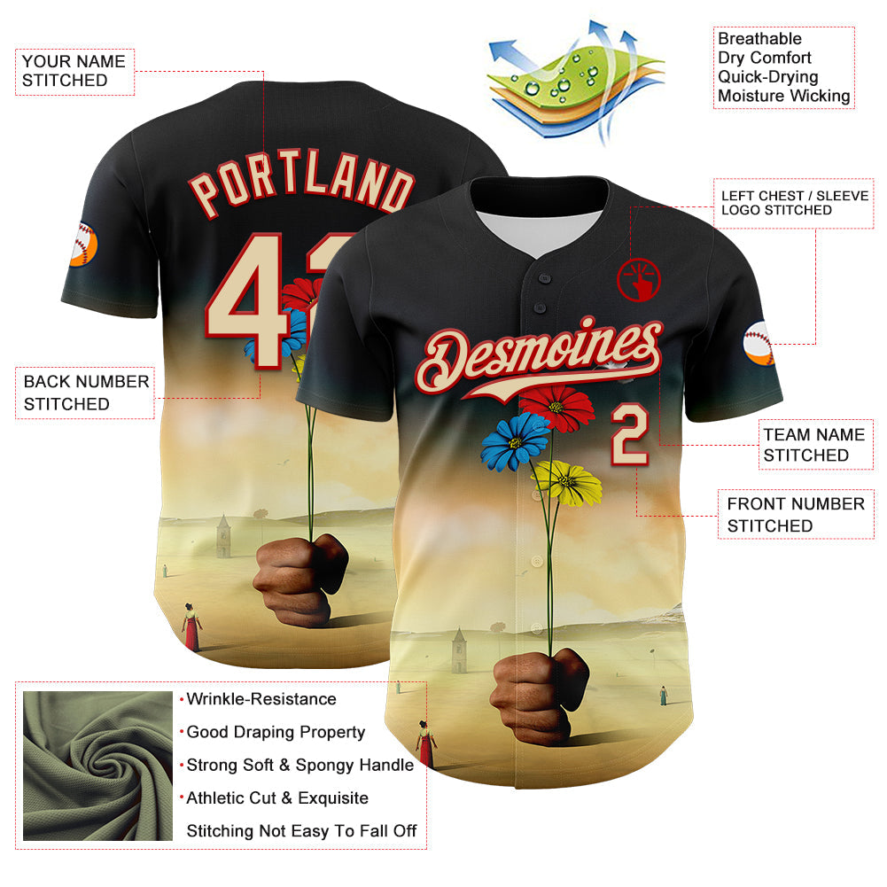 Custom Black Cream-Red 3D Marcel Caram Three Daisies Authentic Baseball Jersey