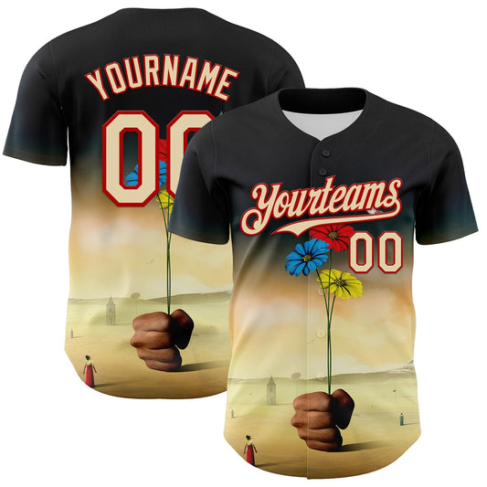 Custom Black Cream-Red 3D Marcel Caram Three Daisies Authentic Baseball Jersey