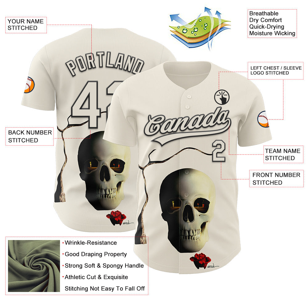 Custom Cream Black 3D Marcel Caram The Skull Authentic Baseball Jersey
