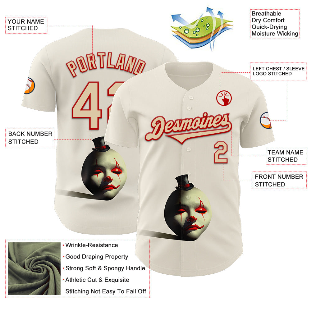 Custom Cream City Cream-Red 3D Marcel Caram The Clown Authentic Baseball Jersey