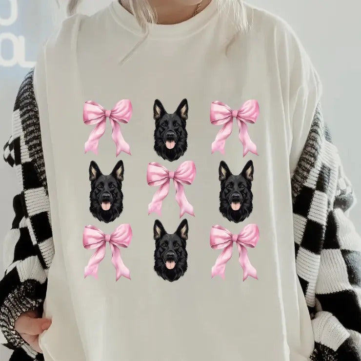 BLACK German Shepherd with bows Shirt~ Unisex Apparel Relaxed Fit Printed In The USA Clothing Womenswear Casual Comfort Cotton Top Athletic Boho Chic