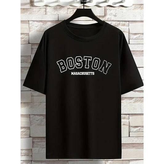 BOSTON Printed Tees For Men, Cotton Short Sleeve Round Neck Street Black T-Shirt Made in USA