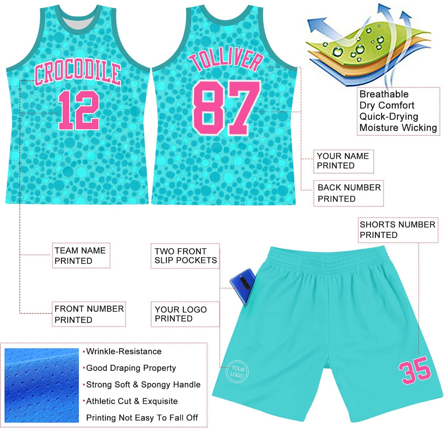 Custom Aqua Pink-White Leopard Print Round Neck Sublimation Basketball Suit Jersey