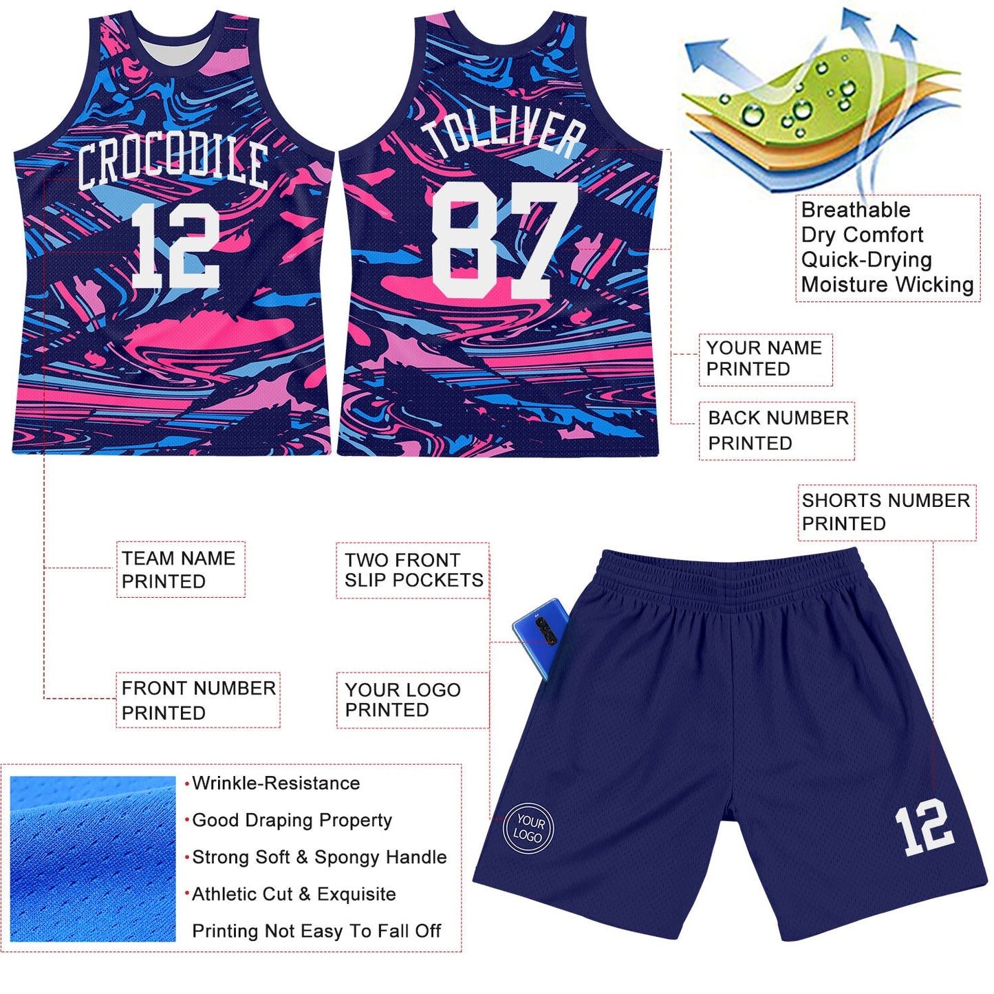 Custom Figure White-Pink Fluid Art Round Neck Sublimation Basketball Suit Jersey