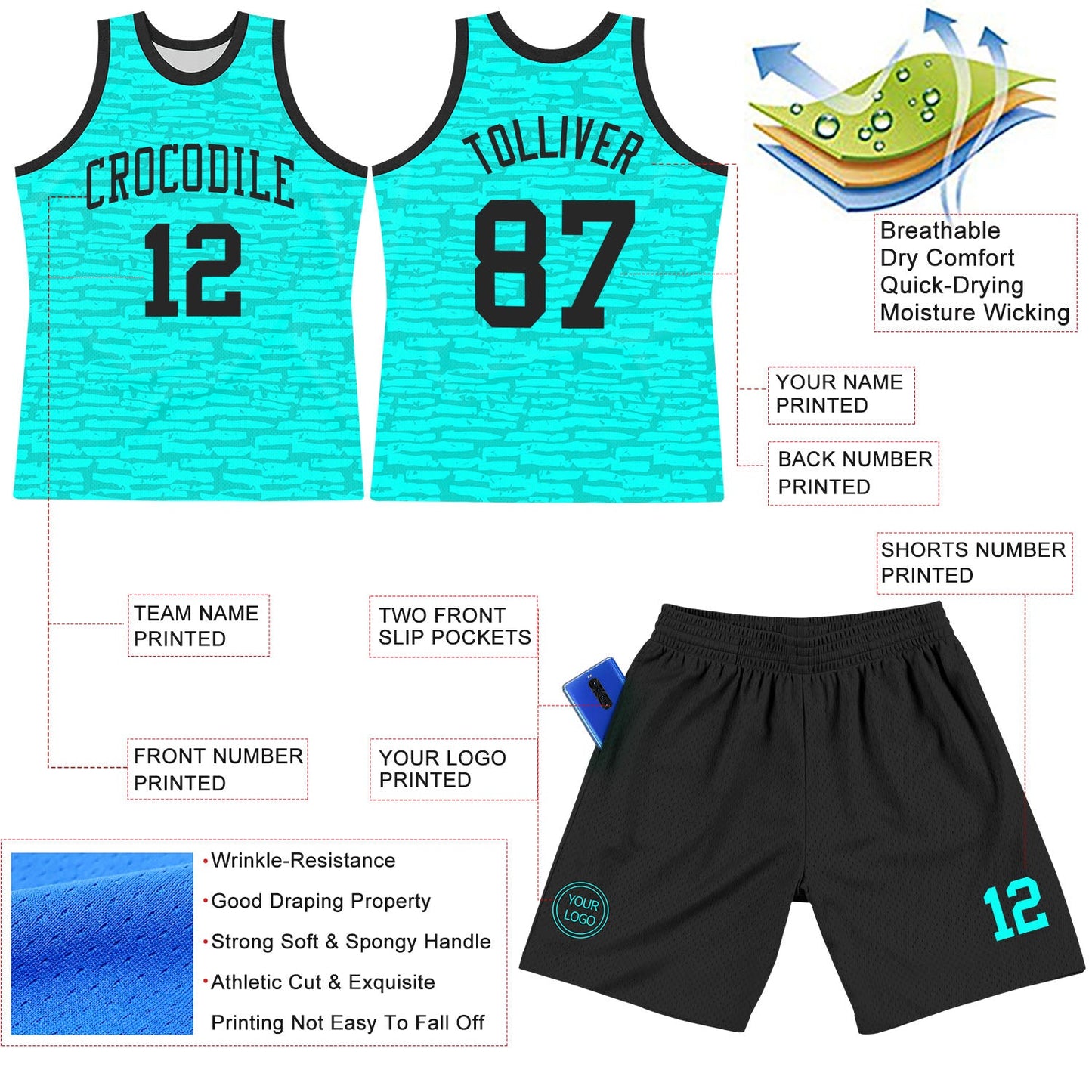 Custom Aqua Black Fragment Art Round Neck Sublimation Basketball Suit Jersey