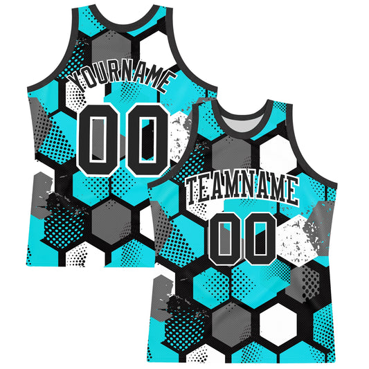 Custom Aqua Black-White Geometric Shape Round Neck Sublimation Basketball Suit Jersey