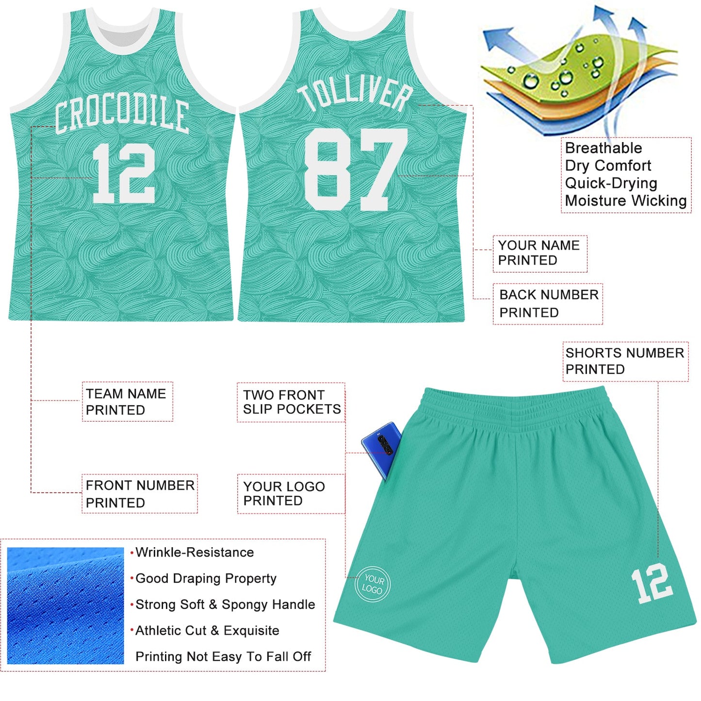 Custom Aqua White Fluid Art Round Neck Sublimation Basketball Suit Jersey