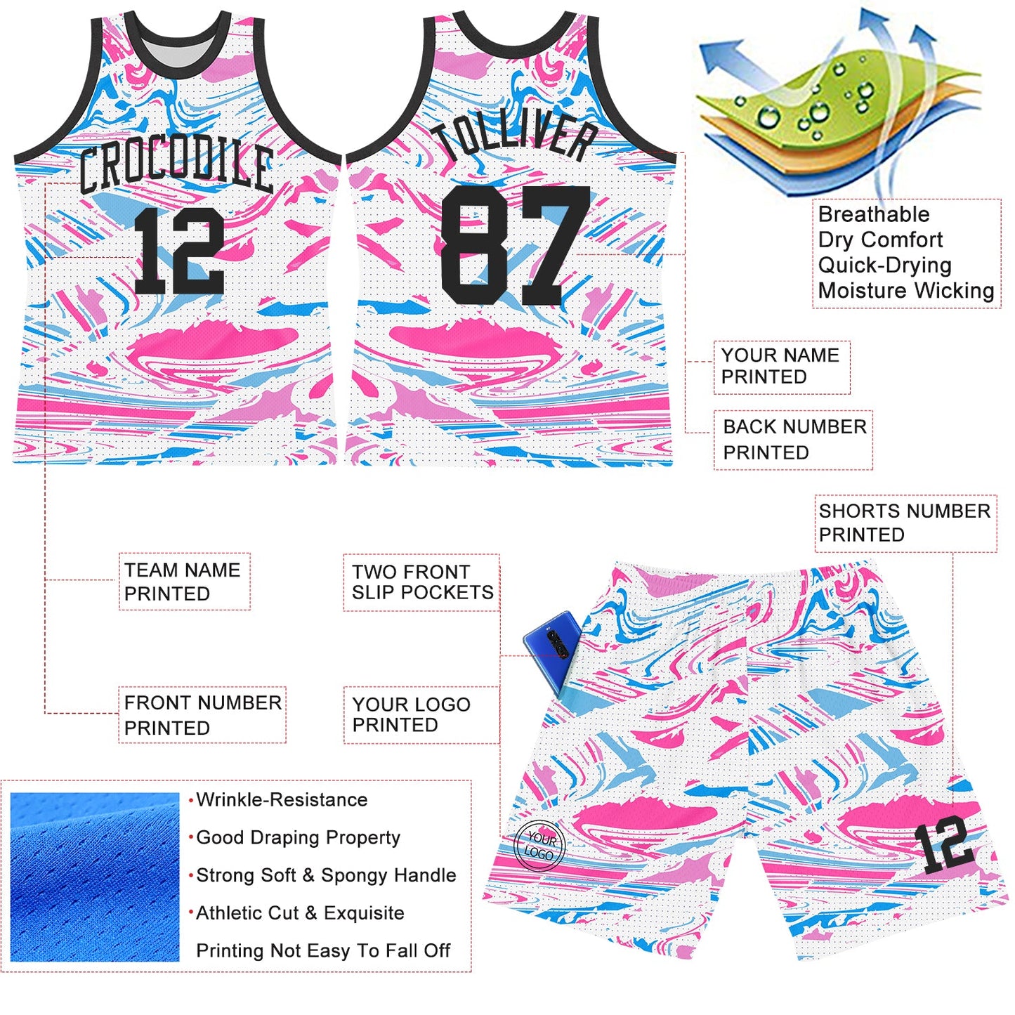 Custom Figure Black Pink-Light Blue Fluid Art Round Neck Sublimation Basketball Suit Jersey