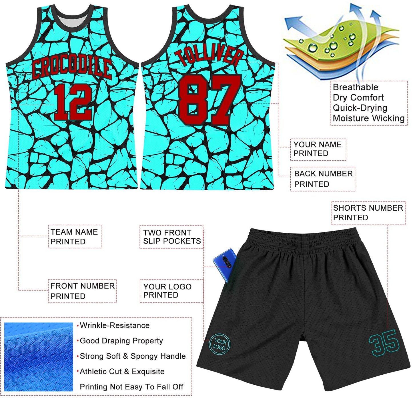 Custom Aqua Red-Black Abstract Network Round Neck Sublimation Basketball Suit Jersey