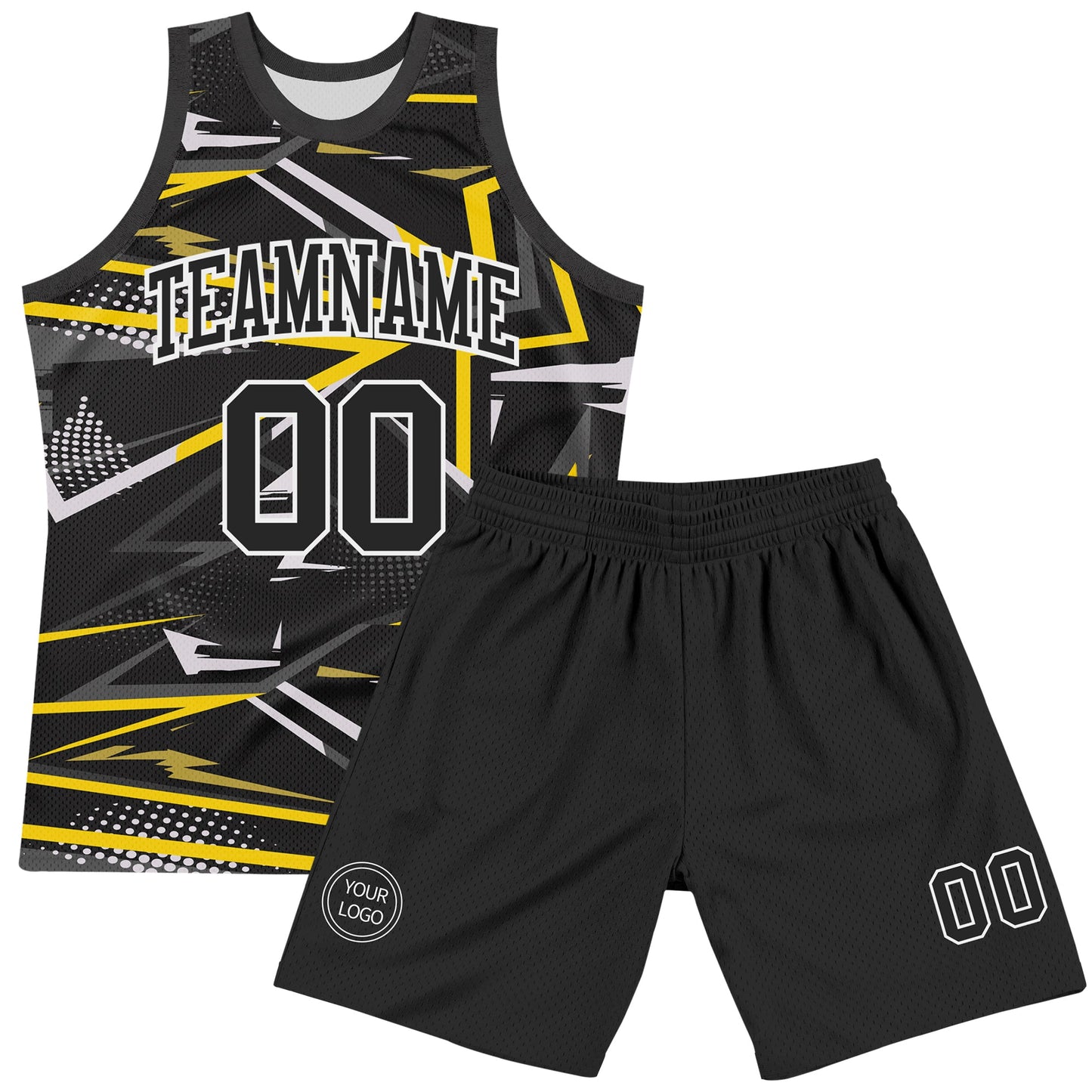 Custom Black Gold-White Line Round Neck Sublimation Basketball Suit Jersey