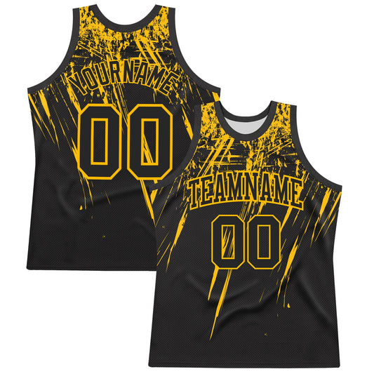 Custom Black Gold Splash Round Neck Sublimation Basketball Suit Jersey