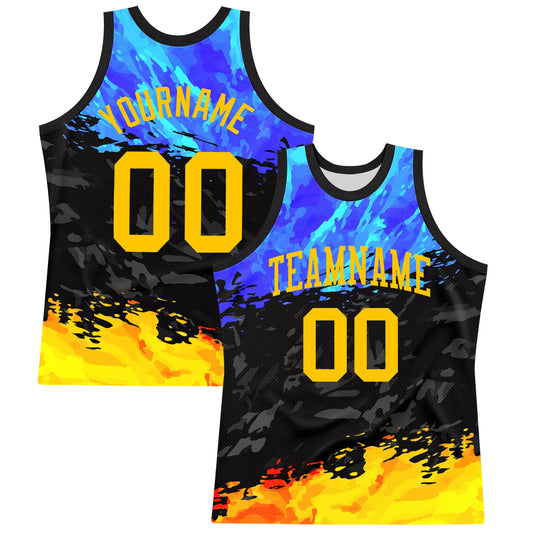 Custom Figure Yellow Royal-Black Splash Round Neck Sublimation Basketball Suit Jersey