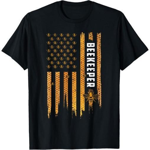 Beekeeping American Flag Honeycomb Honey Bees Beekeeper T-Shirt Made in USA