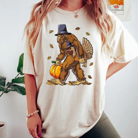 Bigfoot Turkey Pumpkin Thanksgiving Sasquatch Tshirt, Turkey Shirt, Happy Thanksgiving Day Gift, Thanksgiving Matching Tee Cotton Top