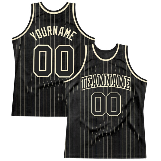 Custom Black Cream Pinstripe Black-Cream Authentic Basketball Jersey