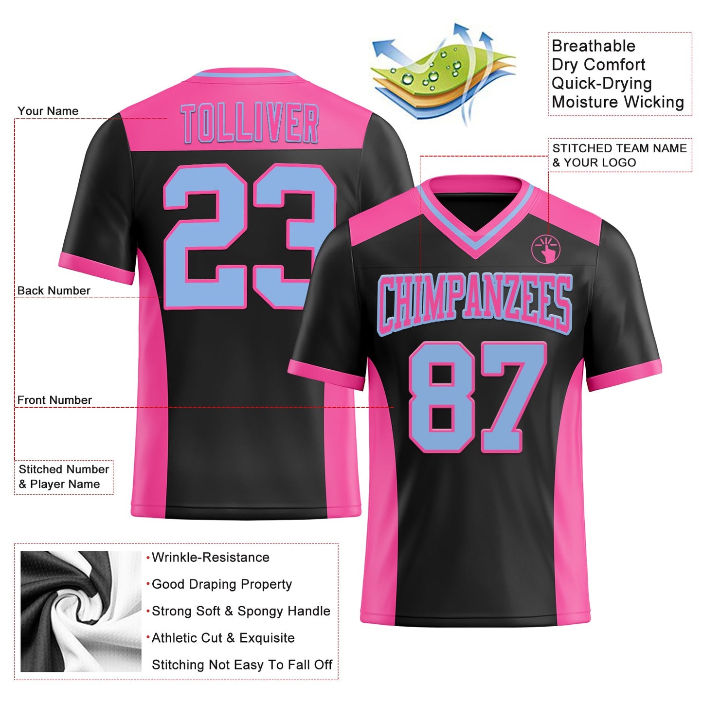 Custom Black Light Blue-Pink Authentic Football Jersey